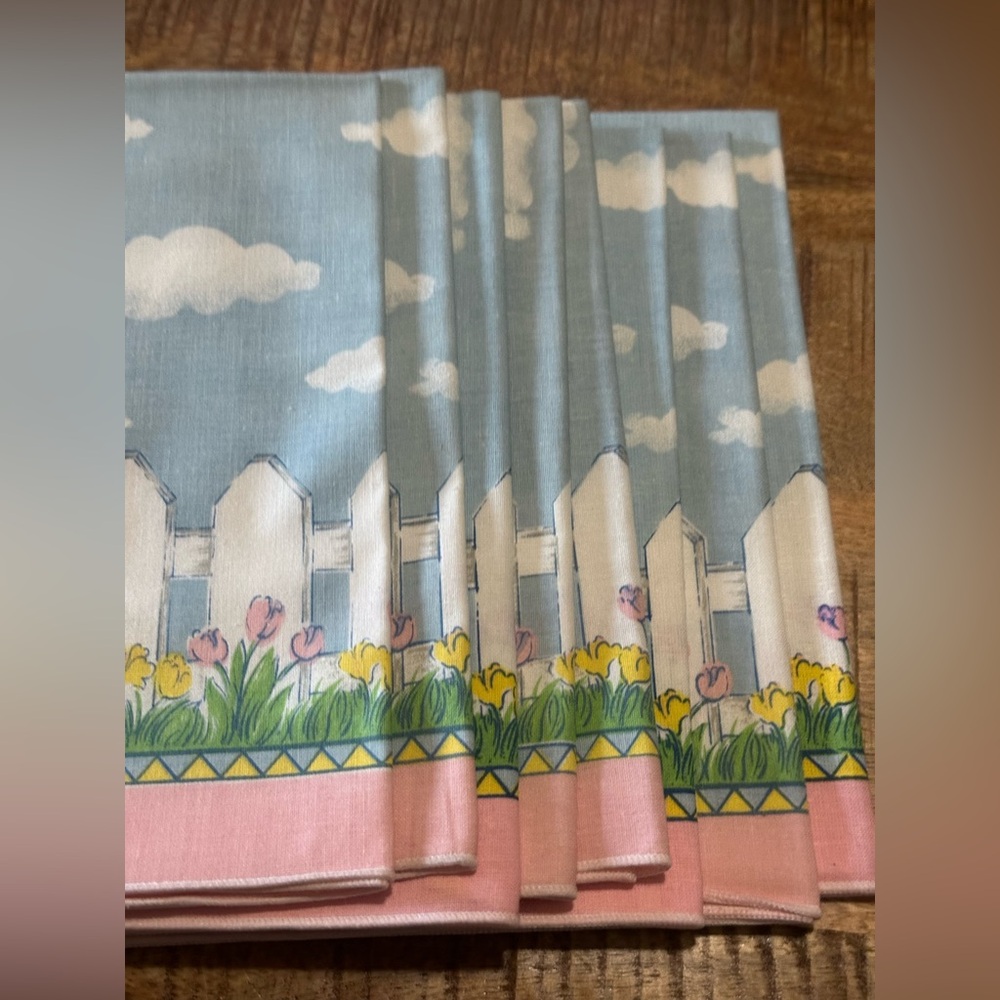 Set of 8 1970’s Easter Napkins Luncheon Linens Pink Yellow Tulips 17” NWT